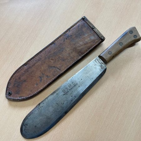 USMC Village Blacksmith Bolo Knife/Machete With Correct 1944 Dated Thick Leather Scabbard By Boyt.