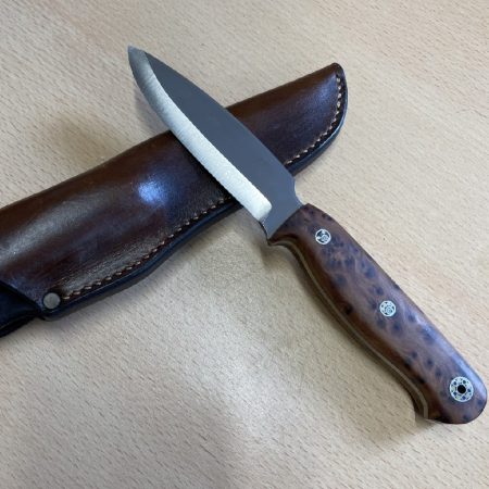 ERK Skinner Handmade Bushcraft Knife Scandi Grind Blade bespoke pins and Leather Friction Sheath