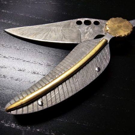 Kuboy Handmade 18.6cm Damascus Steel folding pocket knife leaf style design blade length: 6,7cm MINT CONDITION